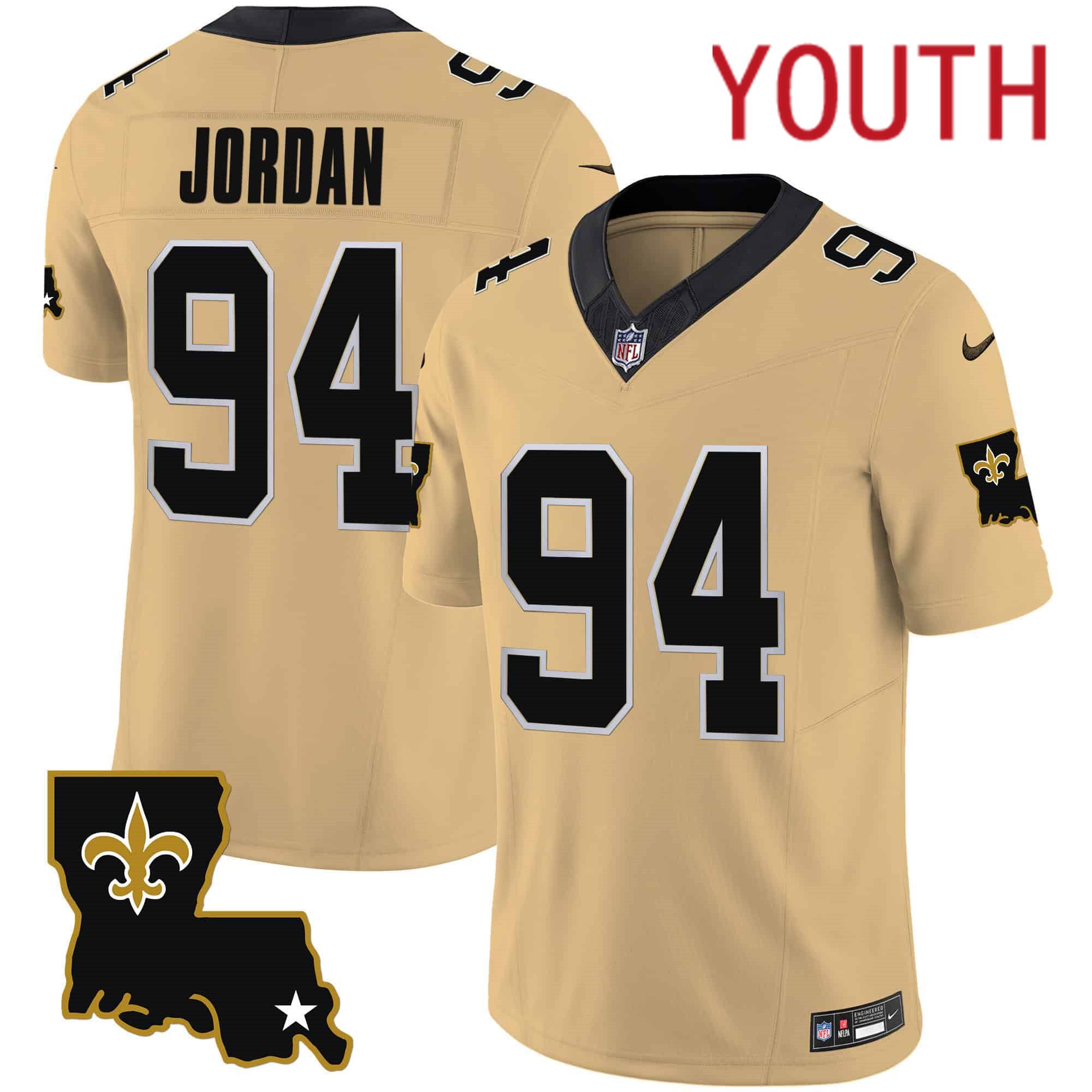 Youth New Orleans Saints 94 Jordan Yellow 2024 Nike 1987 Legacy Vapor Limited NFL Jersey